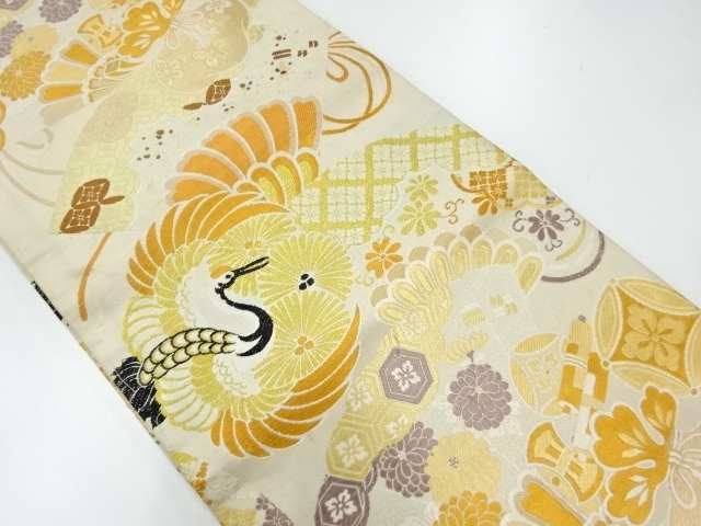 アンティーク　檜扇に松鶴・宝尽くし模様織出し丸帯（材料）